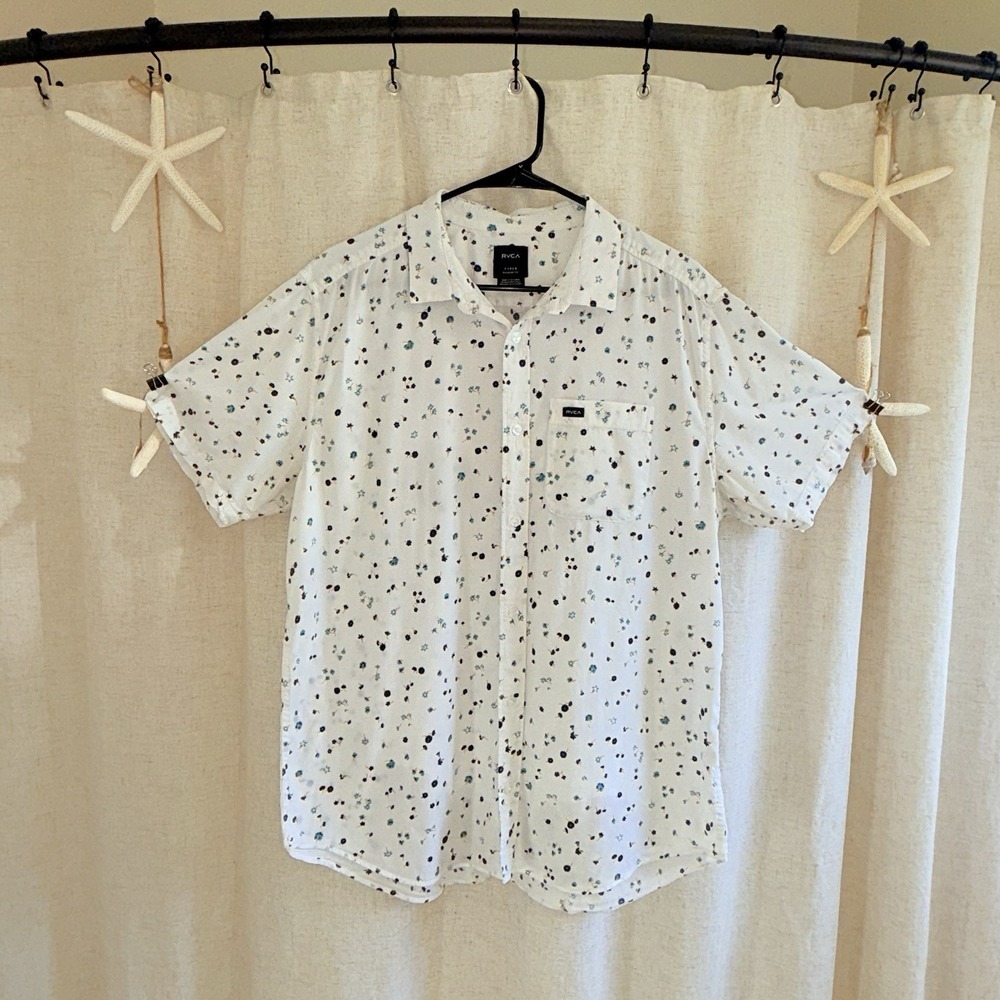 RVCA Floral Button Skate Shirt‎ Mens Large Regular Fit White & Blue Short Sleeve
